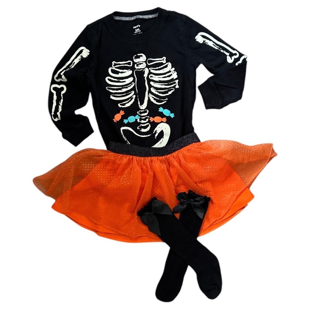Halloween Glow in the Dark Top, Tutu Skirt, Knee High Socks 3-Piece Outfit Set